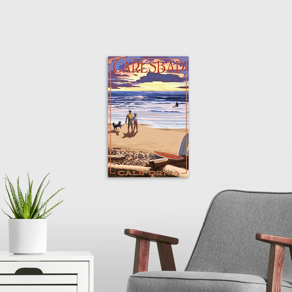 A modern room featuring Carlsbad, California, Beach Scene and Surfers