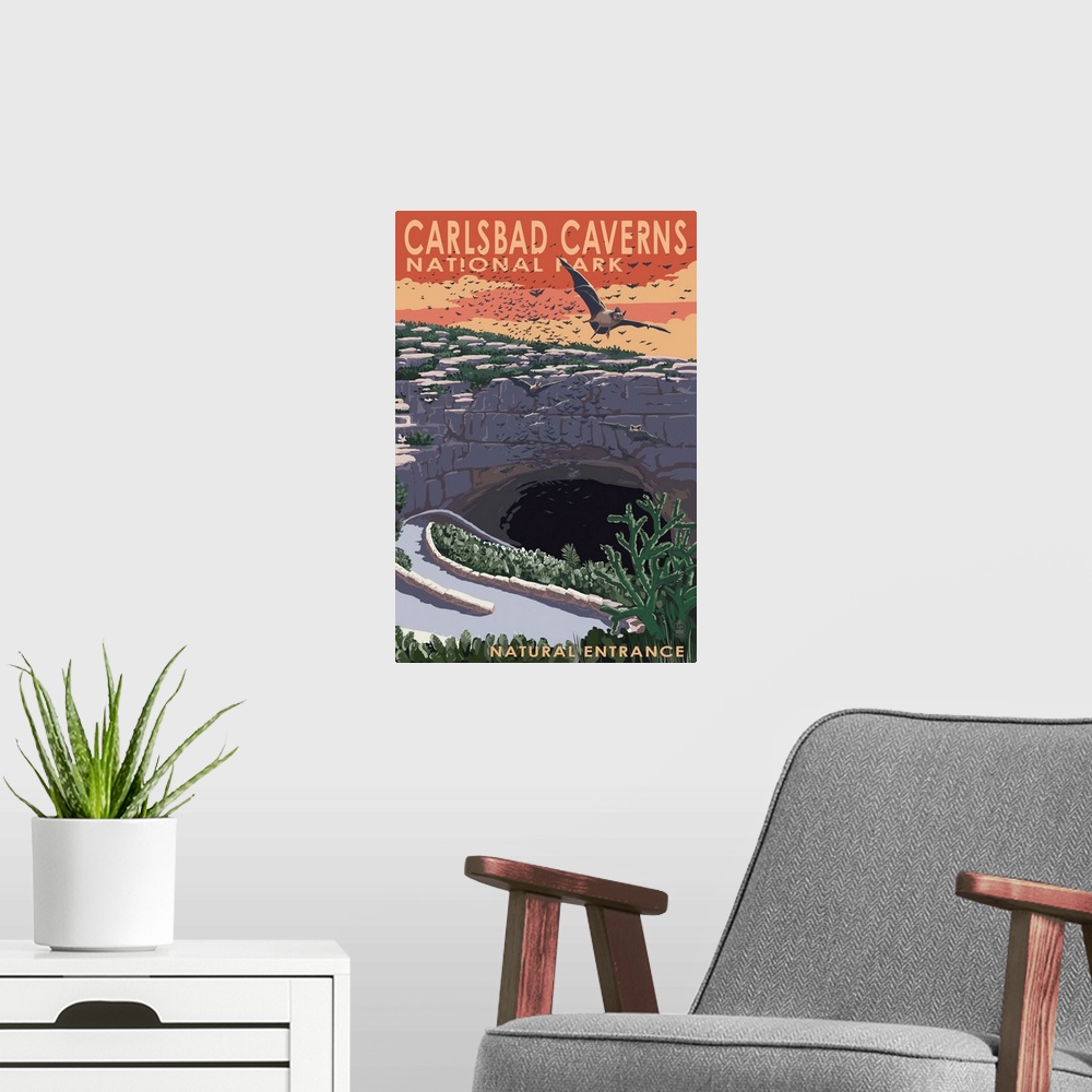 A modern room featuring Carlsbad Caverns National Park, New Mexico - Natural Entrance: Retro Travel Poster