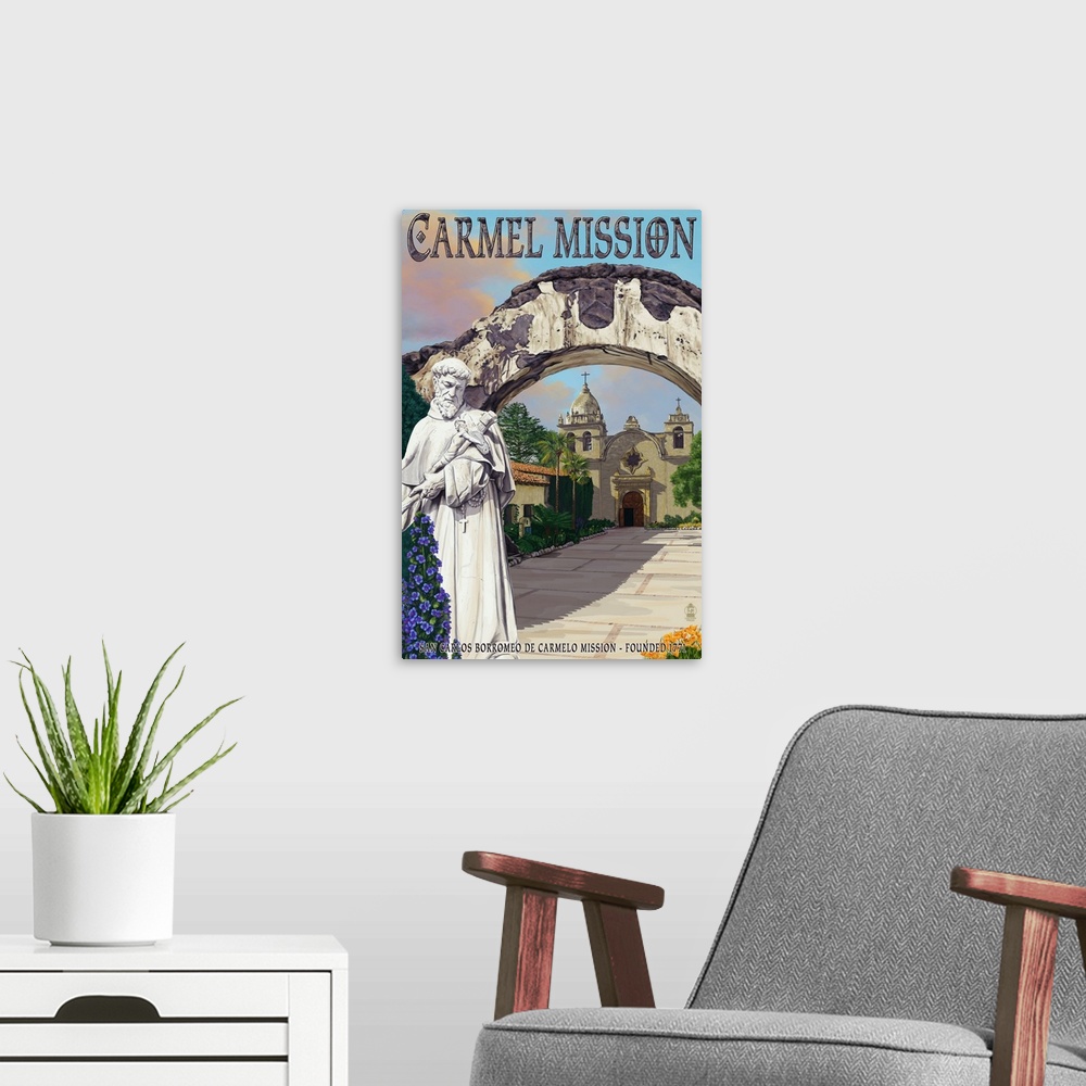 A modern room featuring Carmel Mission, California: Retro Travel Poster