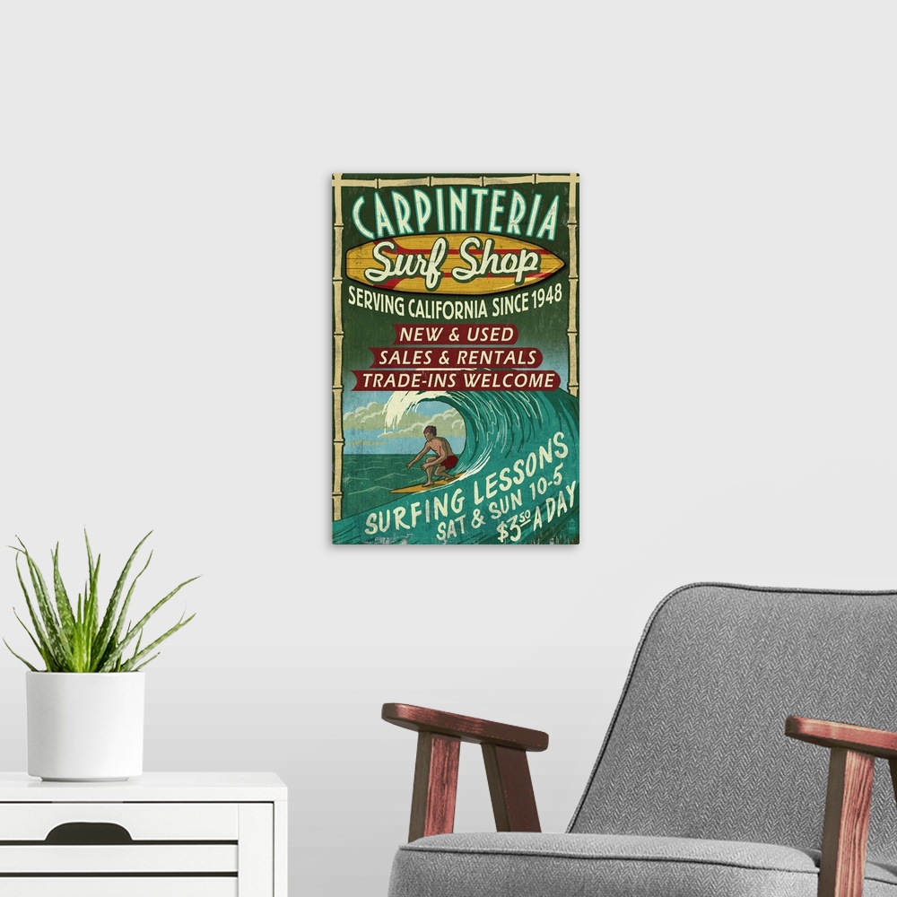 A modern room featuring Carpinteria, California - Surf Shop Vintage Sign: Retro Travel Poster
