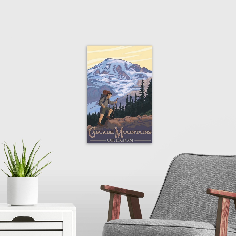 A modern room featuring Retro stylized art poster of a hiker trekking up a hill, in the wilderness.