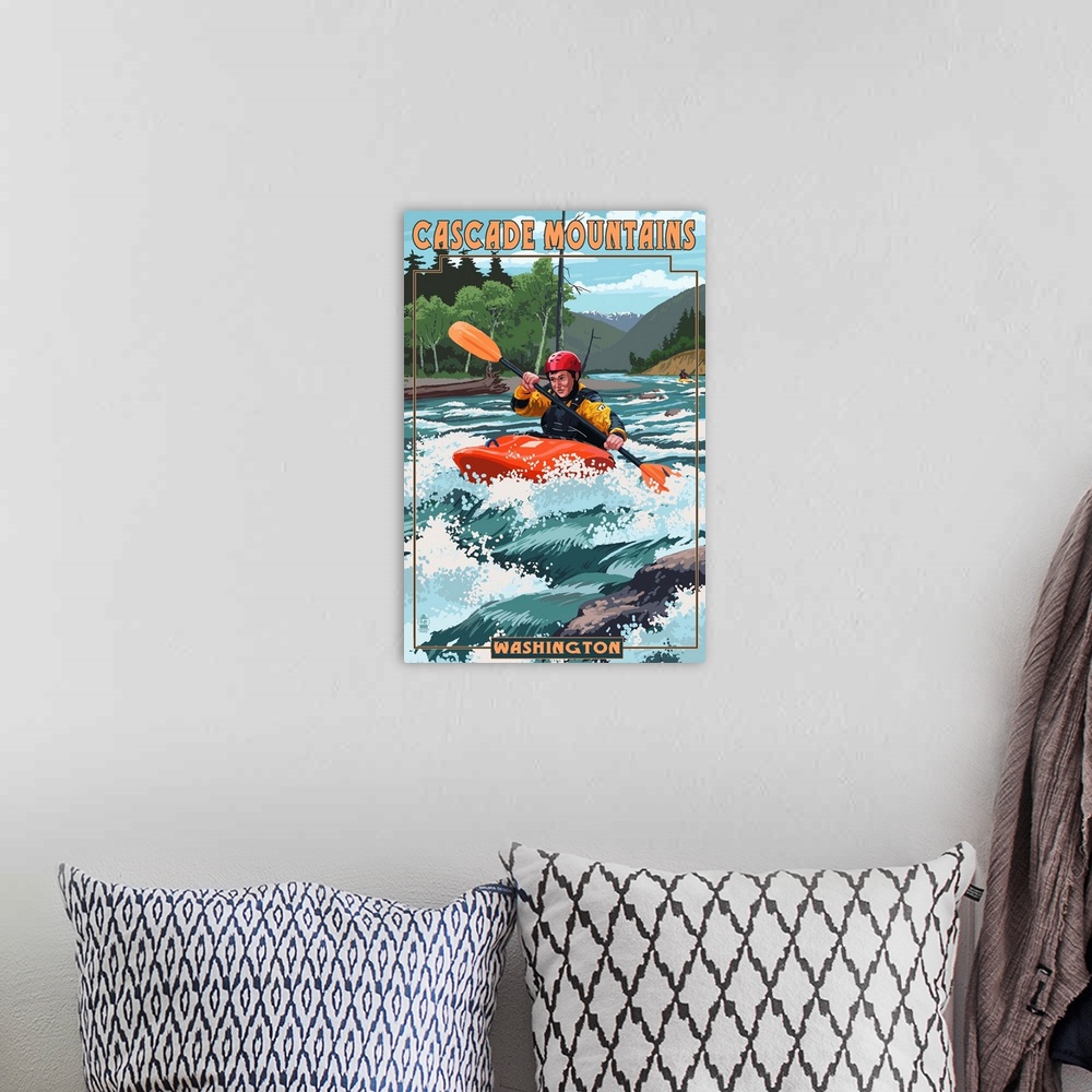 A bohemian room featuring Cascade Mountains, Washington - Kayak Scene: Retro Travel Poster