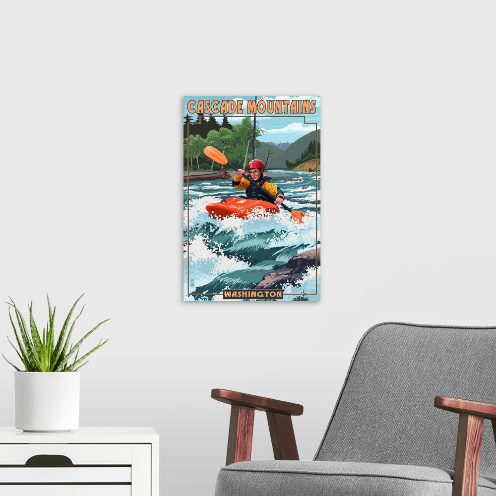 A modern room featuring Cascade Mountains, Washington - Kayak Scene: Retro Travel Poster