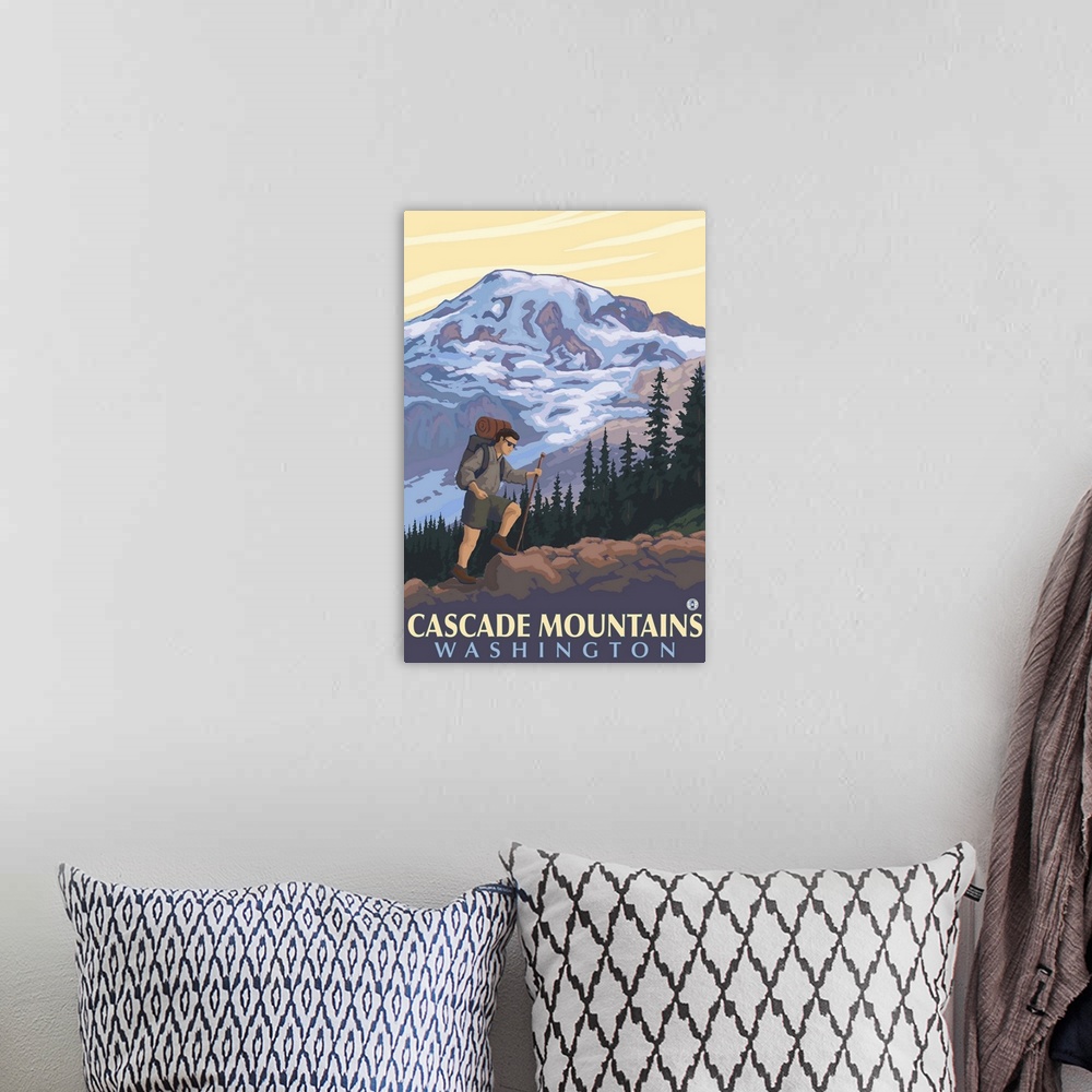 A bohemian room featuring Cascade Mountains, Washington - Mountain Hiker: Retro Travel Poster