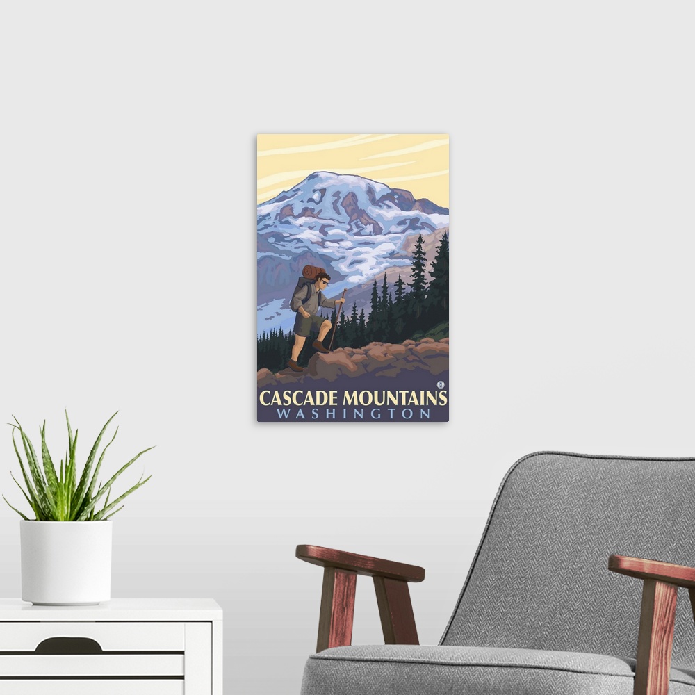 A modern room featuring Cascade Mountains, Washington - Mountain Hiker: Retro Travel Poster