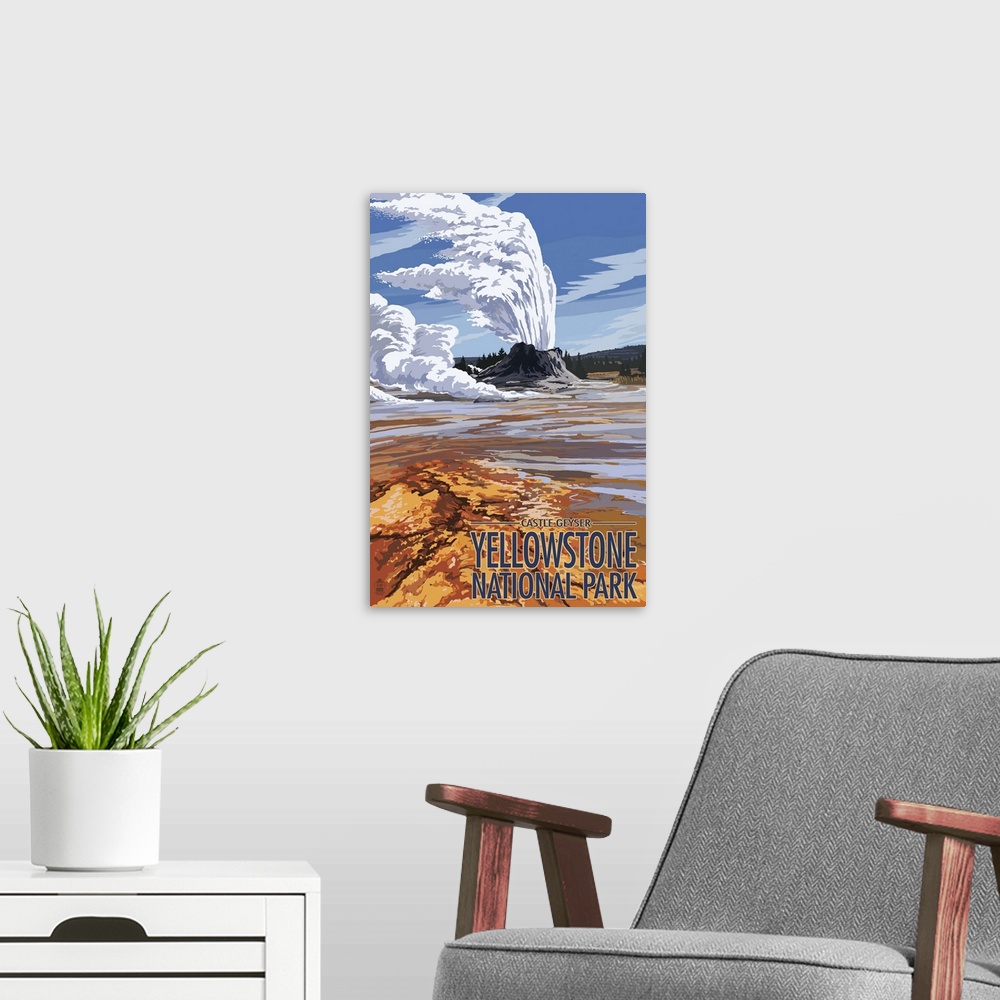 A modern room featuring Castle Geyser - Yellowstone National Park: Retro Travel Poster