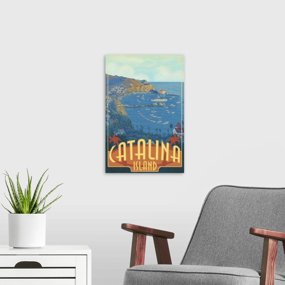 A modern room featuring Catalina Island, California: Retro Travel Poster
