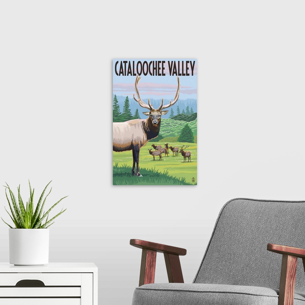 A modern room featuring Retro stylized art poster of an elk gazing, with a herd of elk in the background grazing in the w...