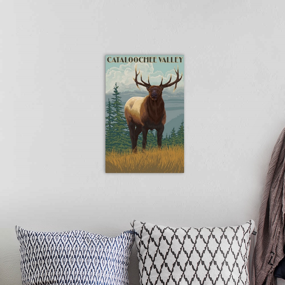 A bohemian room featuring Retro stylized art poster of an elk in the wilderness, gazing deeply at the viewer.