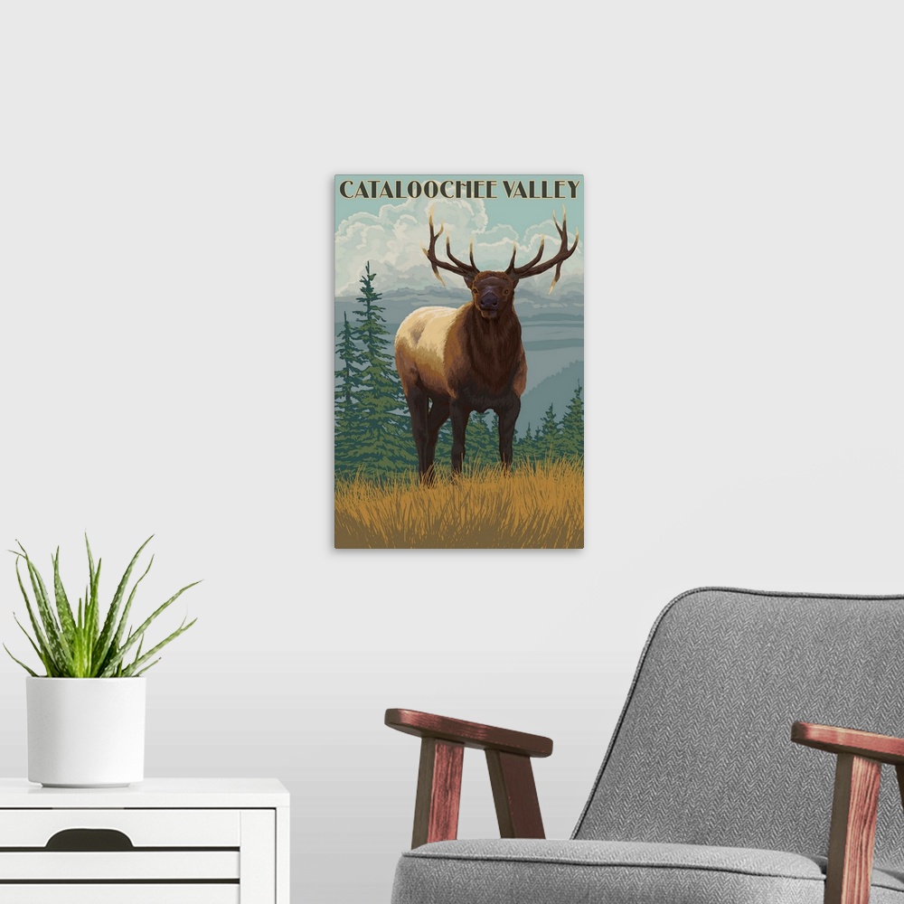 A modern room featuring Retro stylized art poster of an elk in the wilderness, gazing deeply at the viewer.