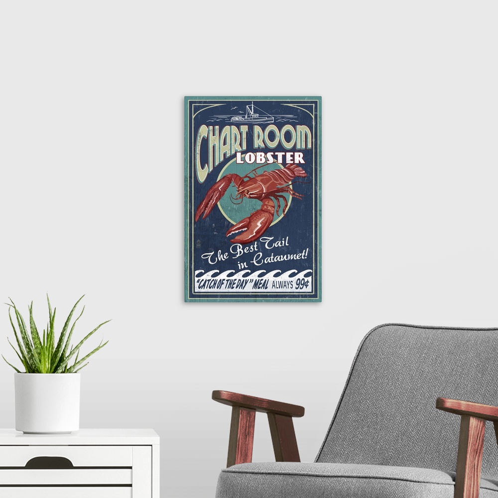 A modern room featuring Cataumet, Cape Cod, Massachusetts - Chart Room Lobster Vintage Sign: Retro Travel Poster