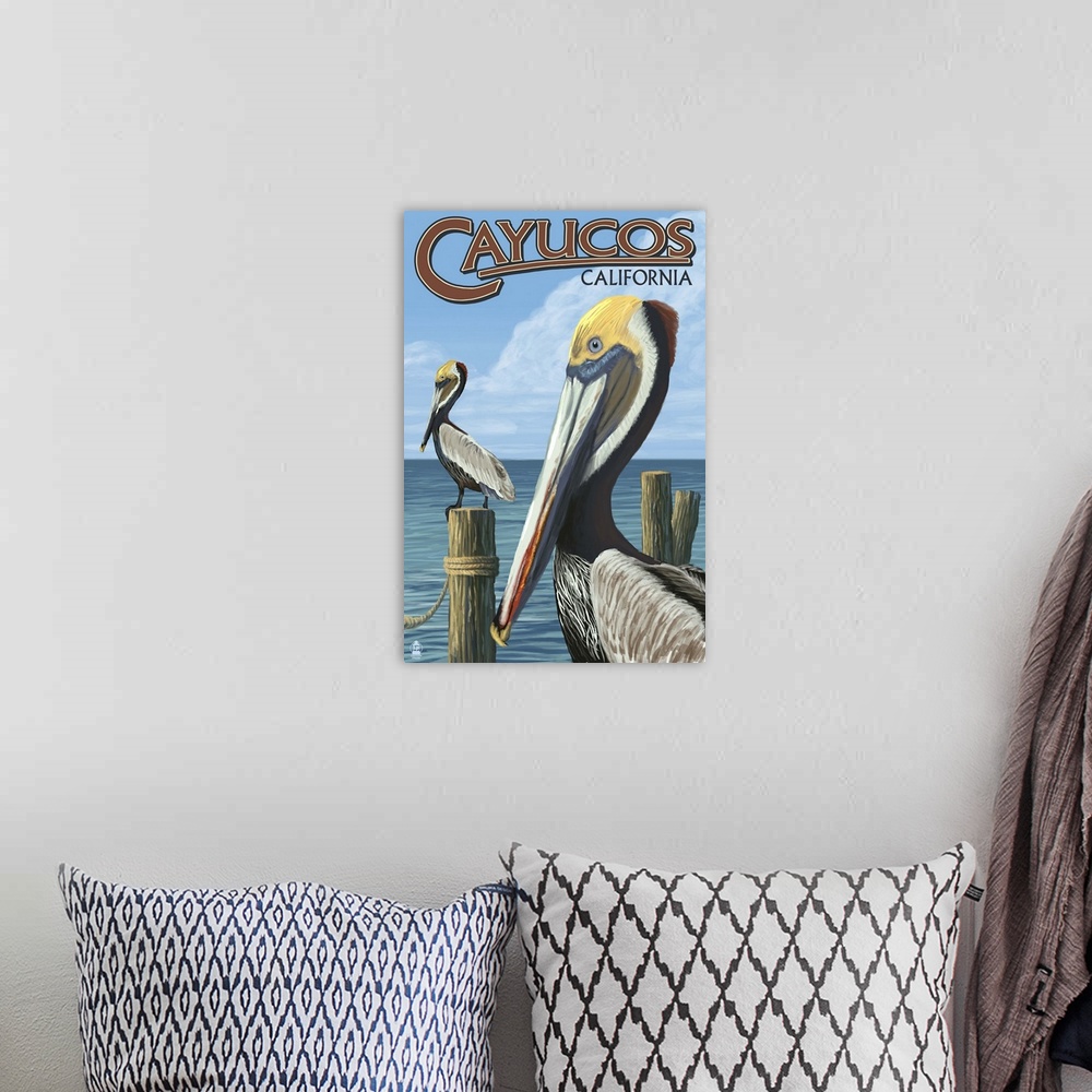 A bohemian room featuring Cayucos, California - Pelicans: Retro Travel Poster