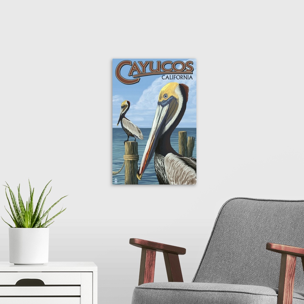 A modern room featuring Cayucos, California - Pelicans: Retro Travel Poster
