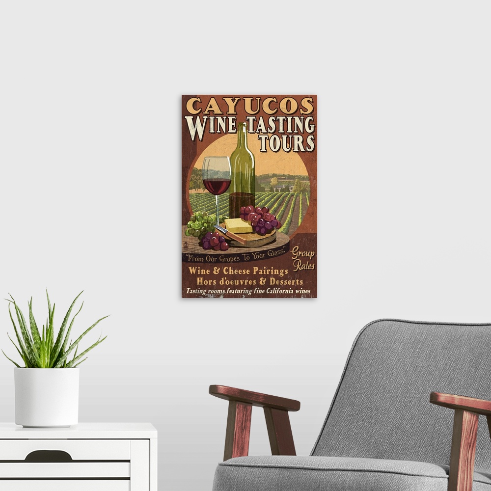 A modern room featuring Retro stylized art poster of vintage sign displaying a wine glass with bottle and cheese, and a v...