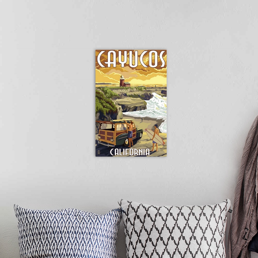A bohemian room featuring Retro stylized art poster of a vintage woody wagon with surfers on the beach at sunset.