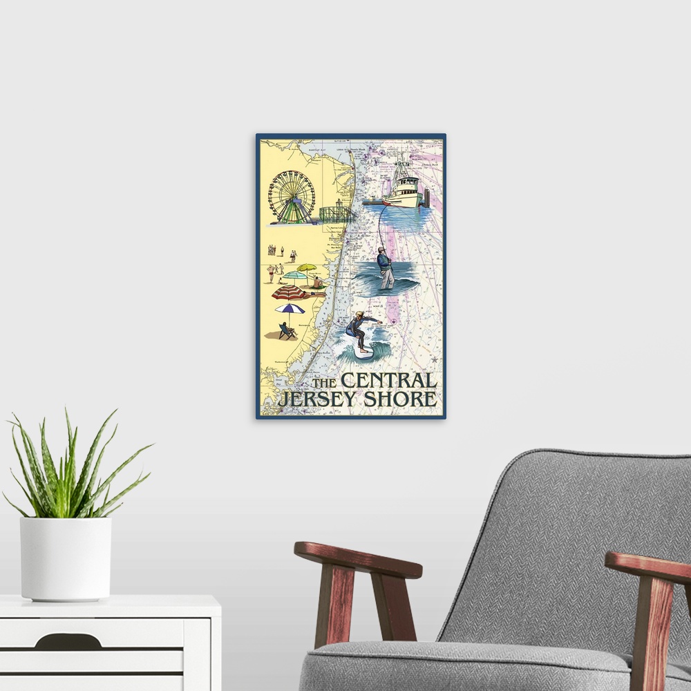 A modern room featuring Central Jersey Shore - Nautical Chart: Retro Travel Poster