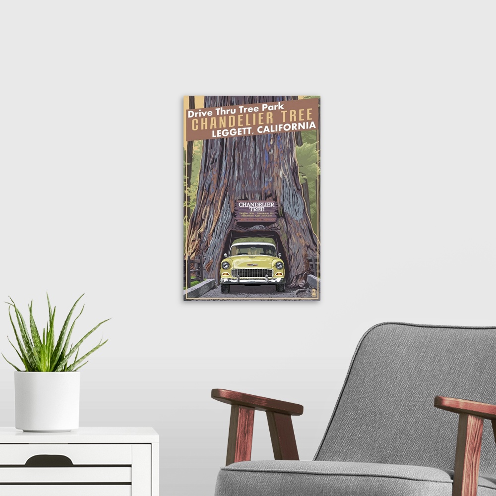 A modern room featuring Chandelier Tree - Drive Thru Tree Park, Leggett, California: Retro Travel Poster