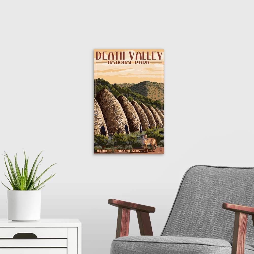A modern room featuring Retro stylized art poster of a coyote walking past dome shaped kilns in the desert.