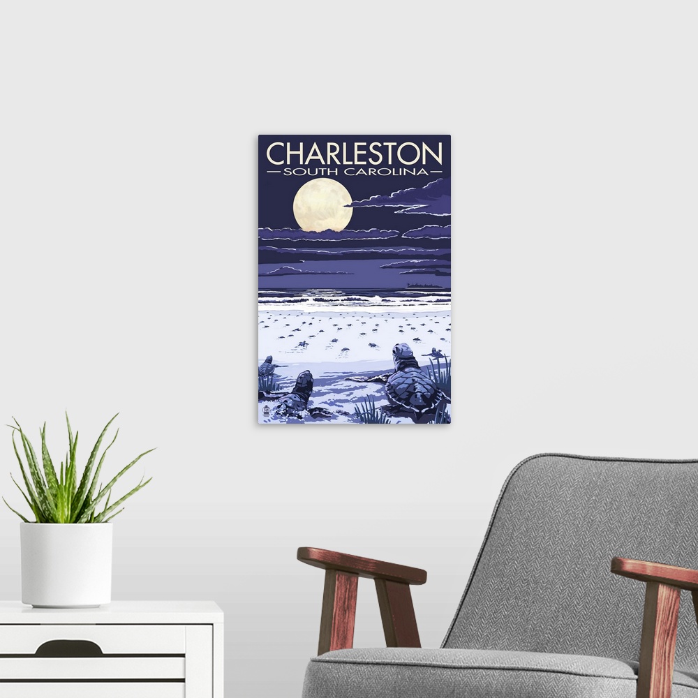 A modern room featuring Retro stylized art poster of baby sea turtle hatchlings making their way to the ocean at night.