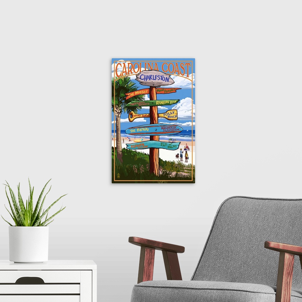 A modern room featuring Retro stylized art poster of signpost giving different directions.