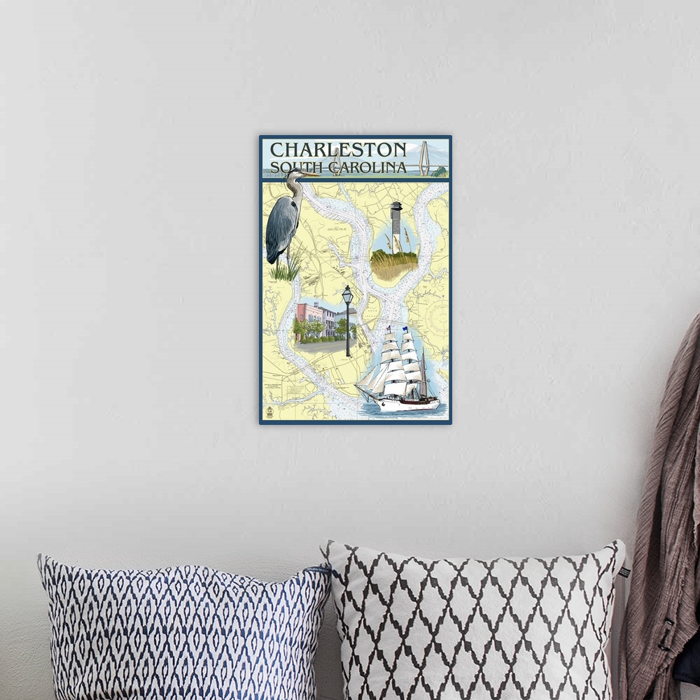 A bohemian room featuring Charleston, South Carolina - Nautical Chart: Retro Travel Poster