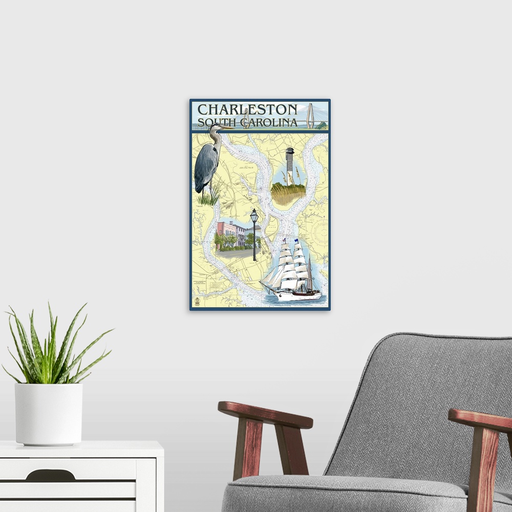 A modern room featuring Charleston, South Carolina - Nautical Chart: Retro Travel Poster