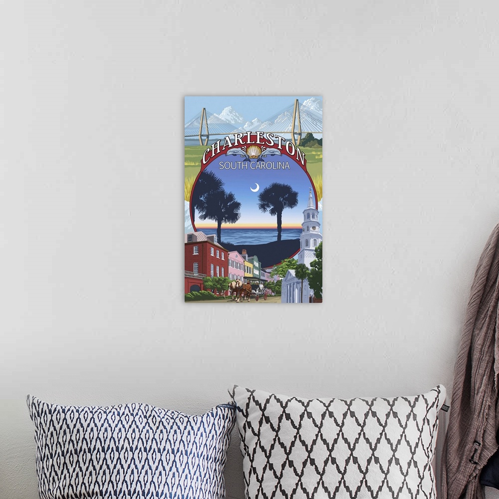 A bohemian room featuring Charleston, South Carolina Town Views: Retro Travel Poster