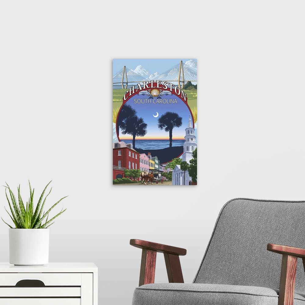 A modern room featuring Charleston, South Carolina Town Views: Retro Travel Poster