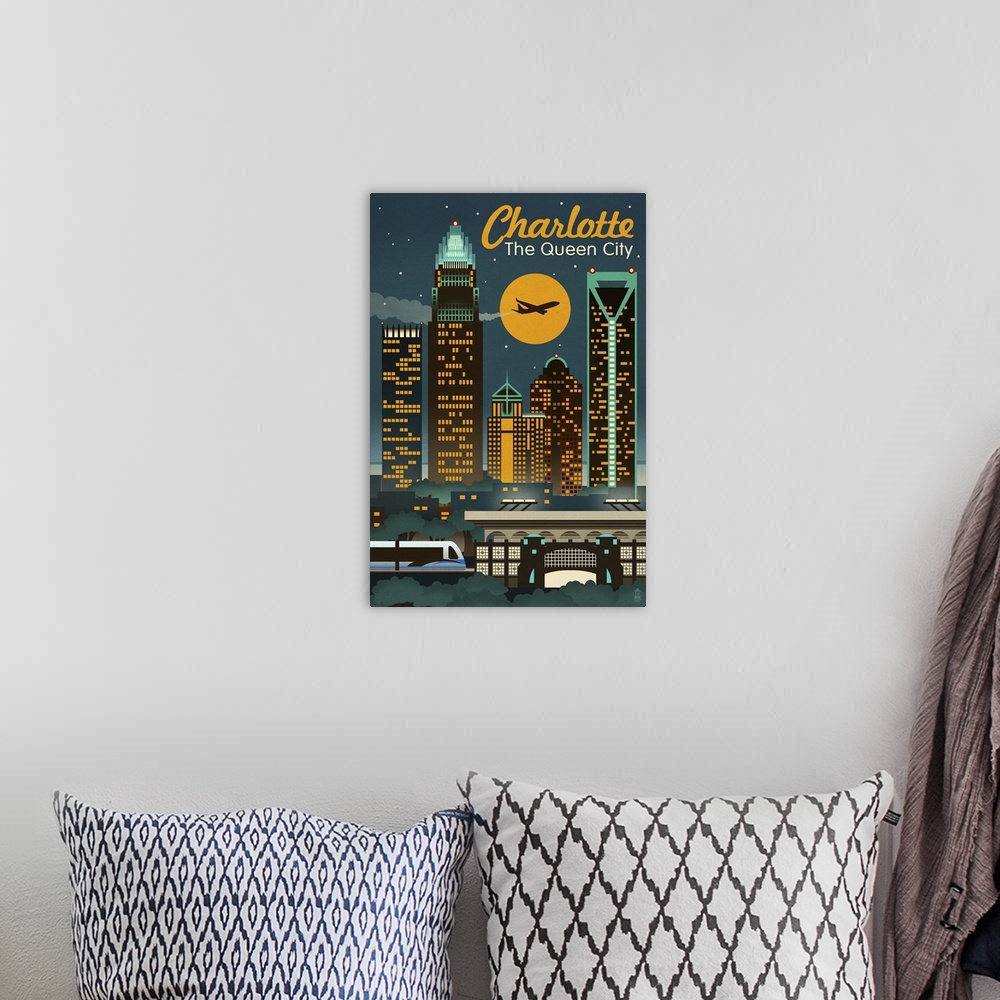 A bohemian room featuring Charlotte, North Carolina, Retro Skyline