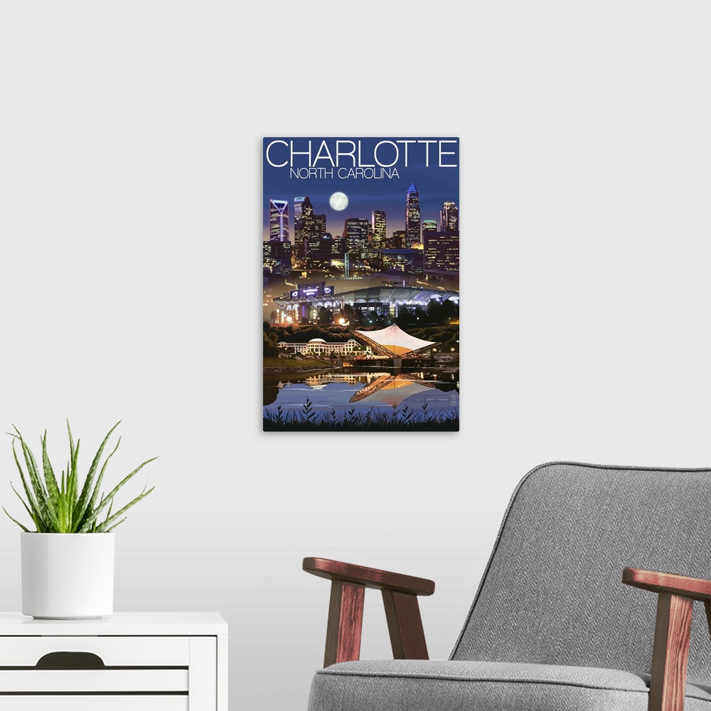 A modern room featuring Retro stylized art poster of a city skyline at night.