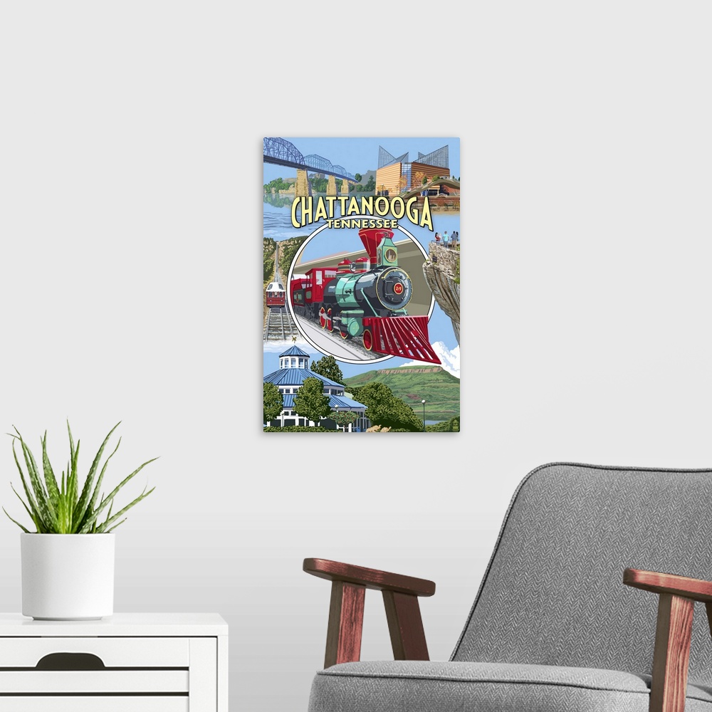 A modern room featuring Retro stylized art poster of a montage of images, with a locomotive in the center.