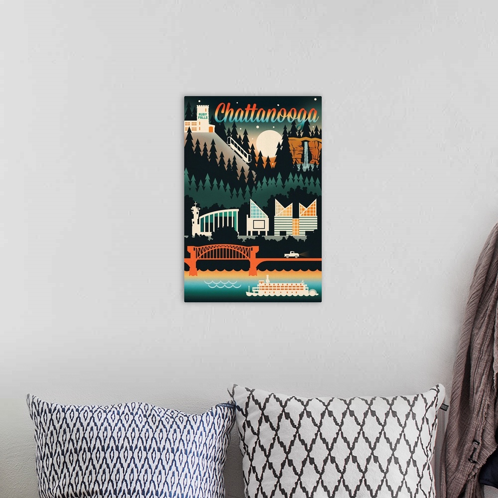 A bohemian room featuring Chattanooga, Tennessee - Retro Skyline Chromatic Series