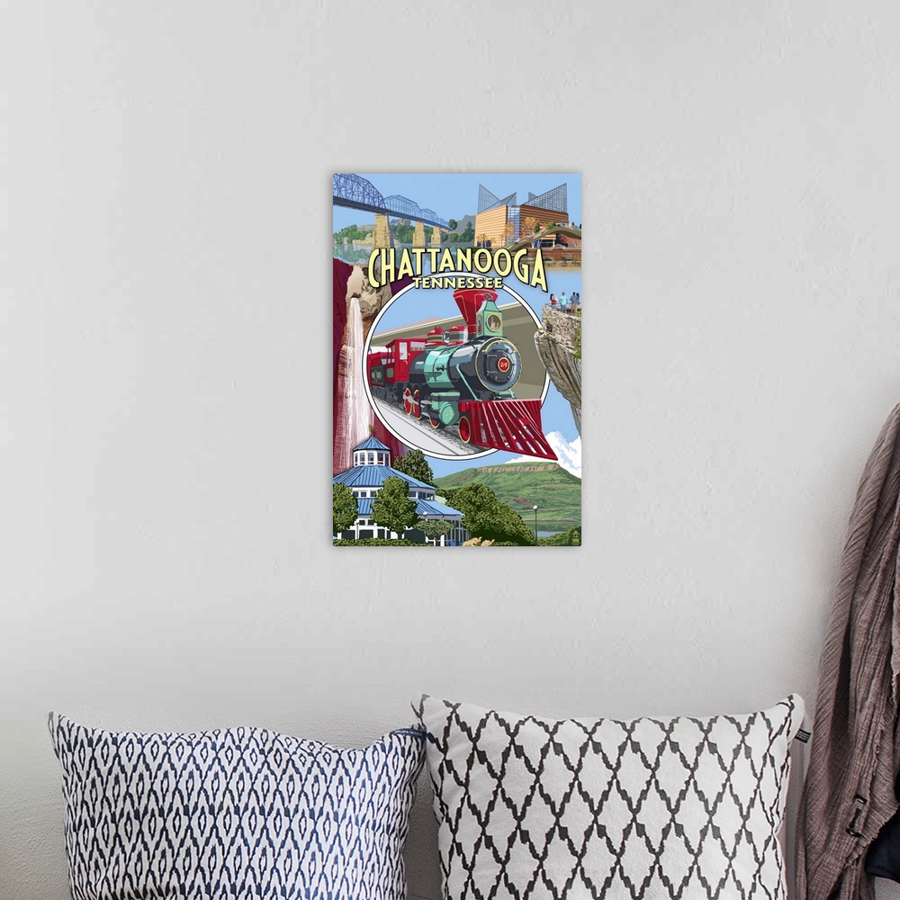 A bohemian room featuring Retro stylized art poster of locomotive in the center of a montage of images.