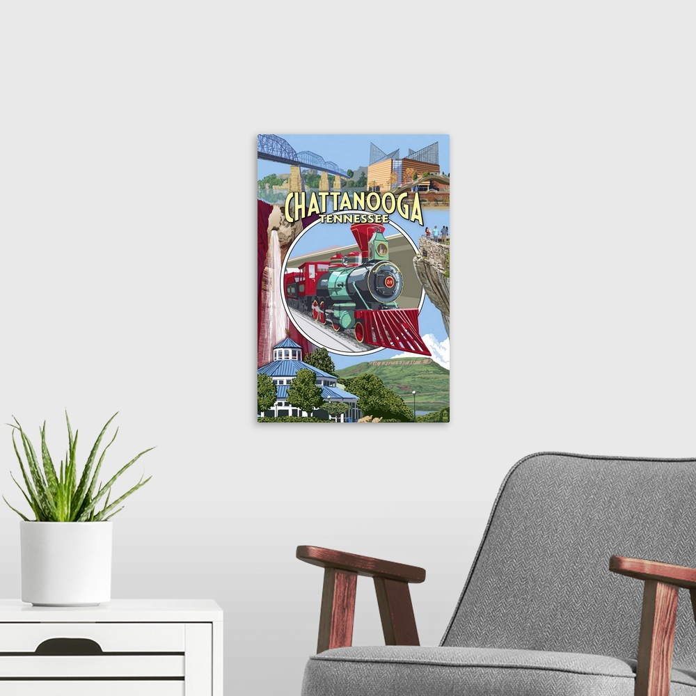 A modern room featuring Retro stylized art poster of locomotive in the center of a montage of images.
