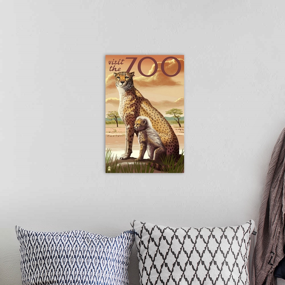 A bohemian room featuring Cheetah - Visit the Zoo: Retro Travel Poster