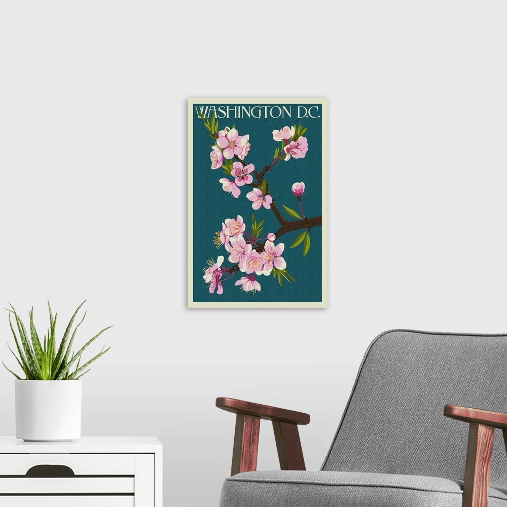 A modern room featuring Cherry Blossoms - Washington DC: Retro Travel Poster