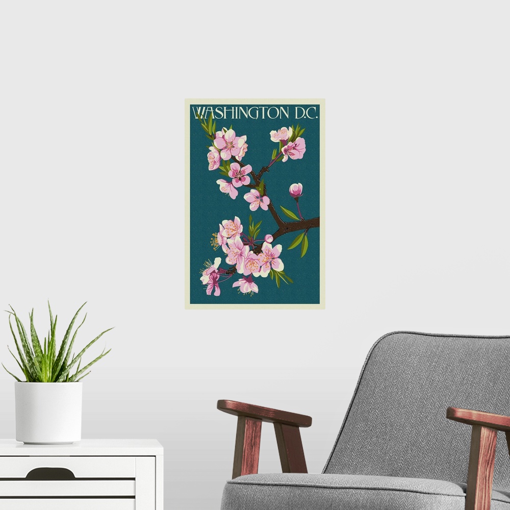 A modern room featuring Cherry Blossoms - Washington DC: Retro Travel Poster