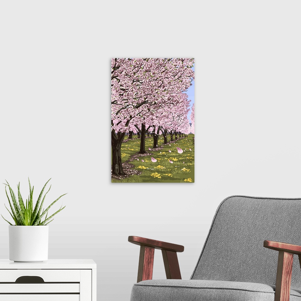 A modern room featuring Retro stylized art poster of a cherry blossom orchard in full bloom, with lush green grass.