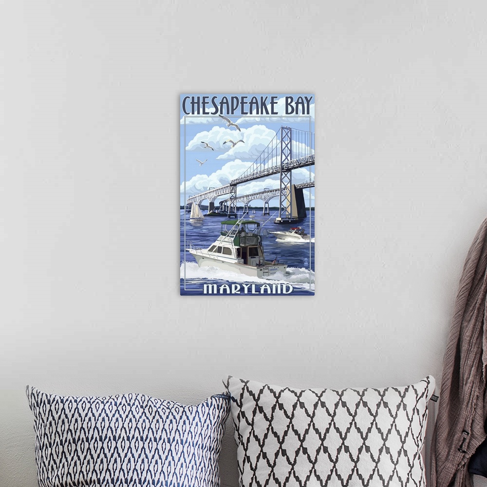 A bohemian room featuring Chesapeake Bay Bridge - Maryland: Retro Travel Poster