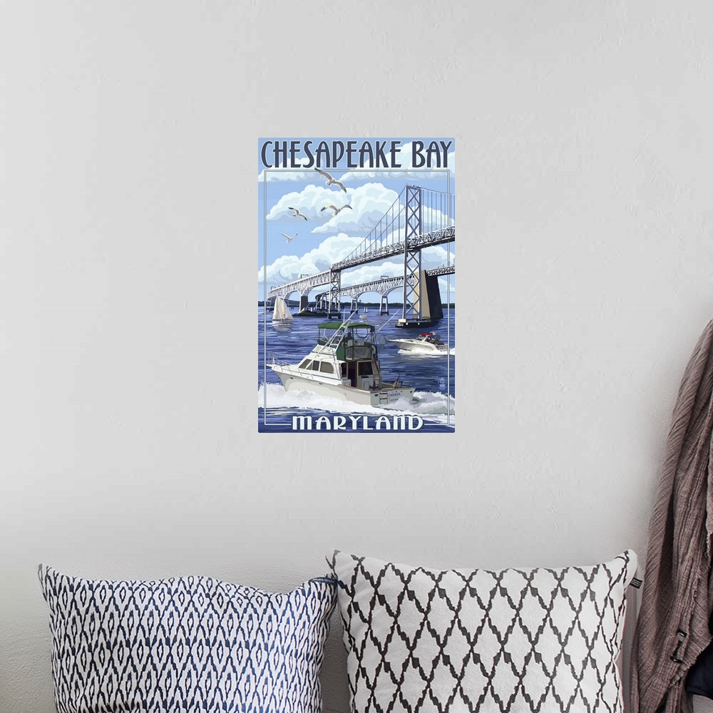 A bohemian room featuring Chesapeake Bay Bridge - Maryland: Retro Travel Poster