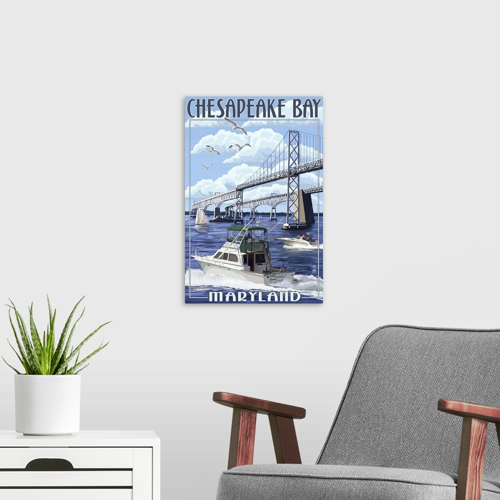 A modern room featuring Chesapeake Bay Bridge - Maryland: Retro Travel Poster
