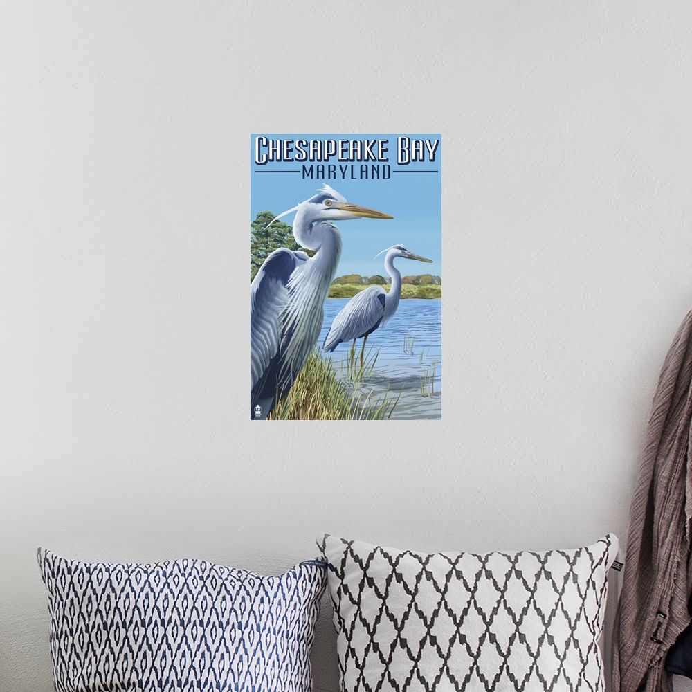 A bohemian room featuring Chesapeake Bay, Maryland - Blue Heron: Retro Travel Poster