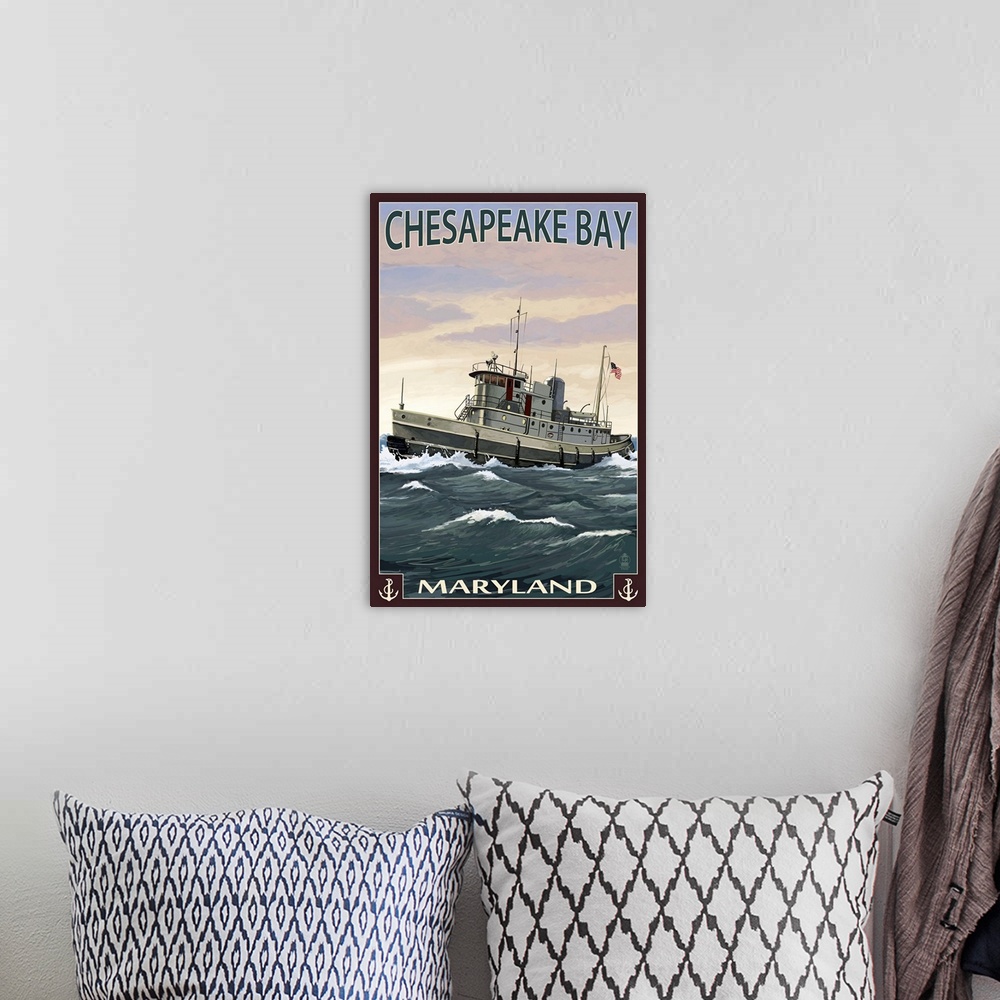 A bohemian room featuring Chesapeake Bay Tugboat Scene: Retro Travel Poster