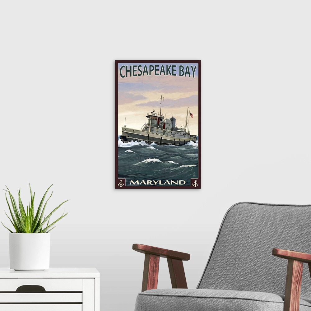 A modern room featuring Chesapeake Bay Tugboat Scene: Retro Travel Poster