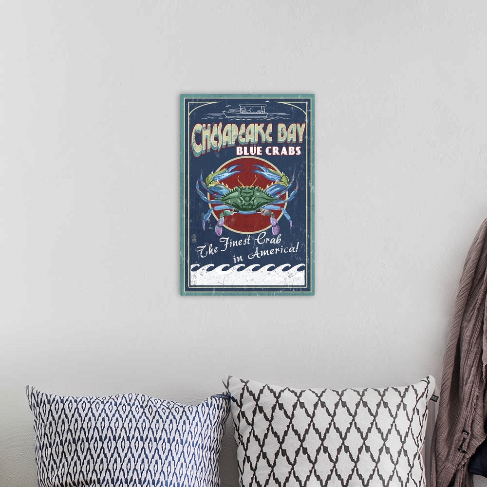 A bohemian room featuring Chesapeake Bay, Virginia - Blue Crab Vintage Sign: Retro Travel Poster