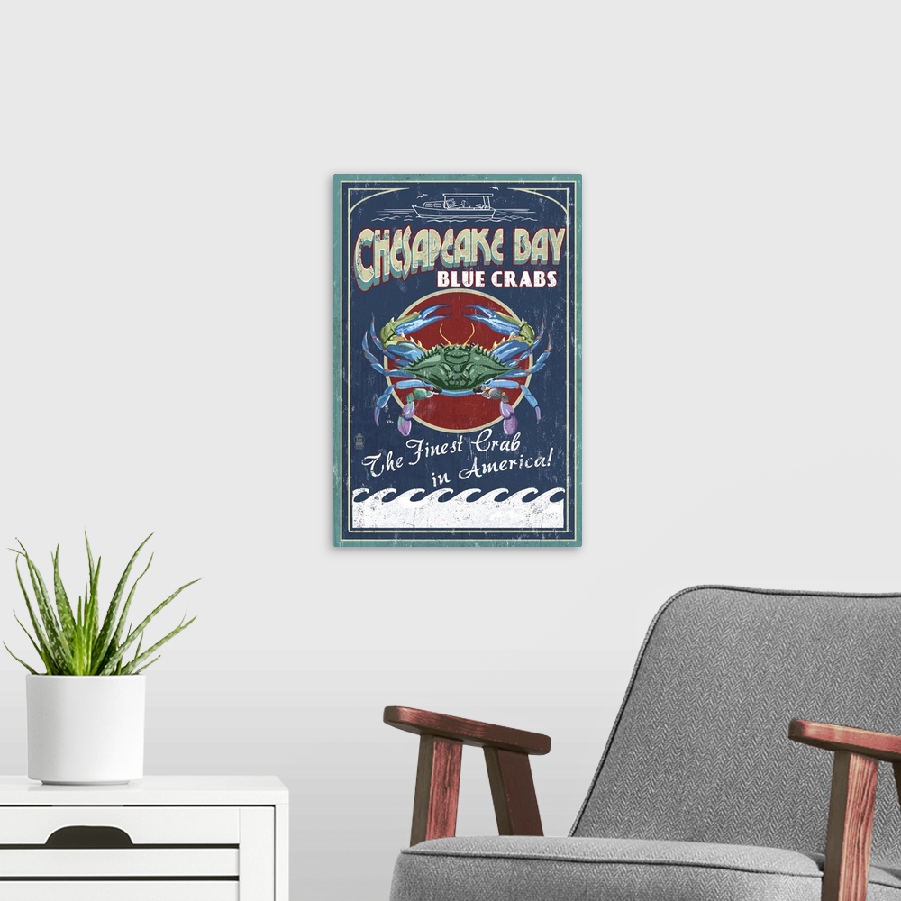 A modern room featuring Chesapeake Bay, Virginia - Blue Crab Vintage Sign: Retro Travel Poster
