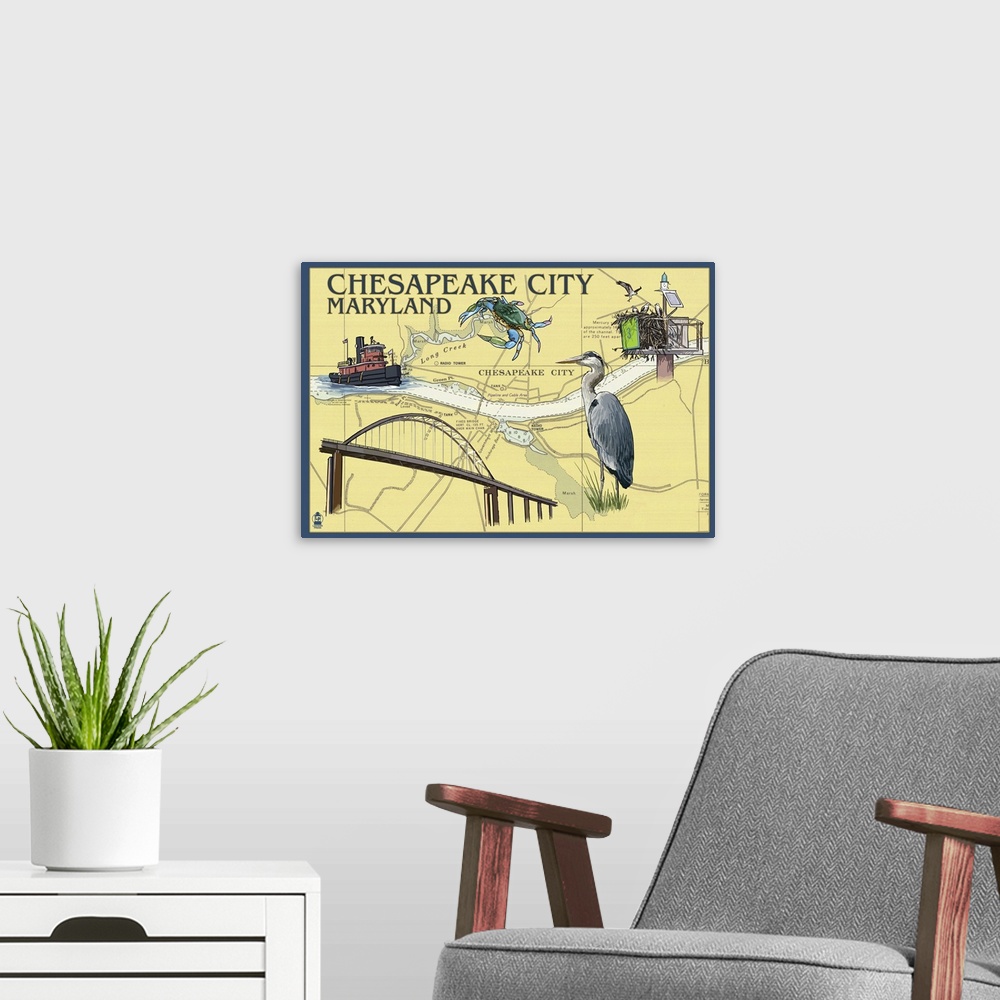 A modern room featuring Chesapeake City, Maryland - Nautical Chart: Retro Travel Poster
