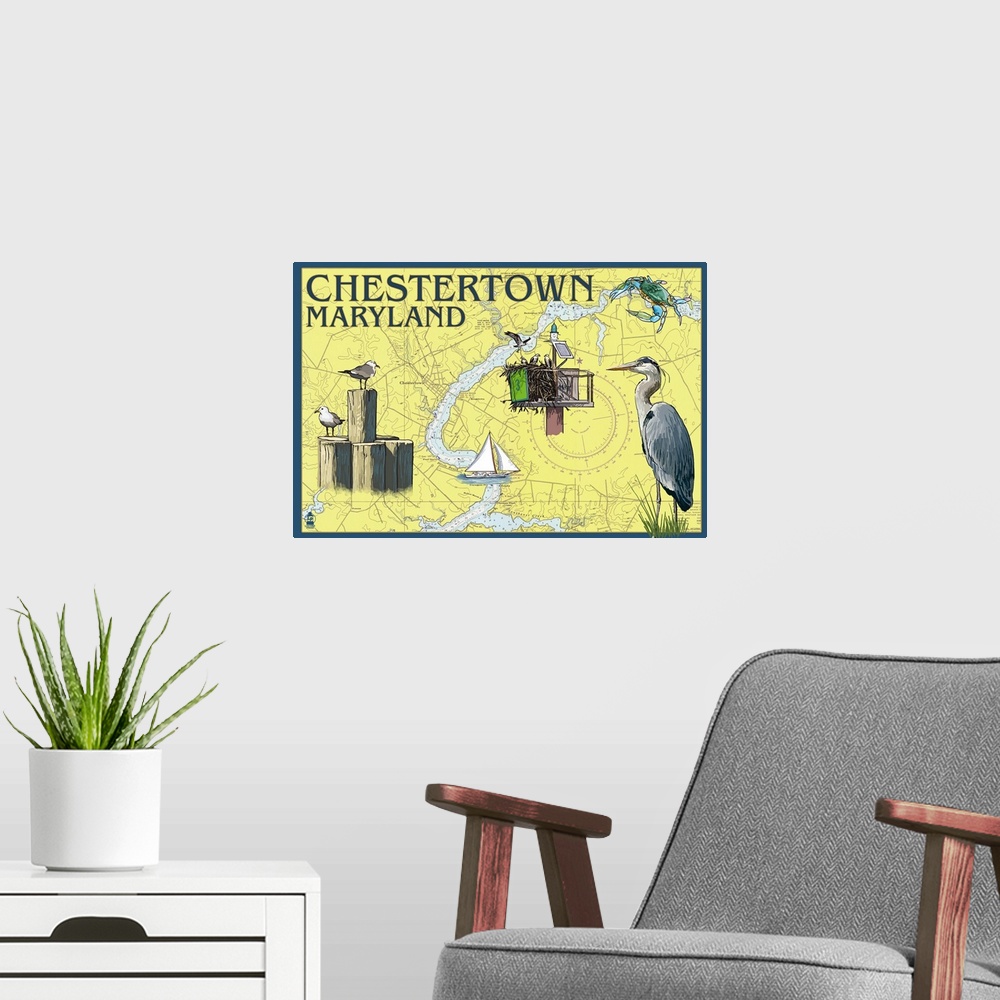 A modern room featuring Chestertown, Maryland - Nautical Chart: Retro Travel Poster