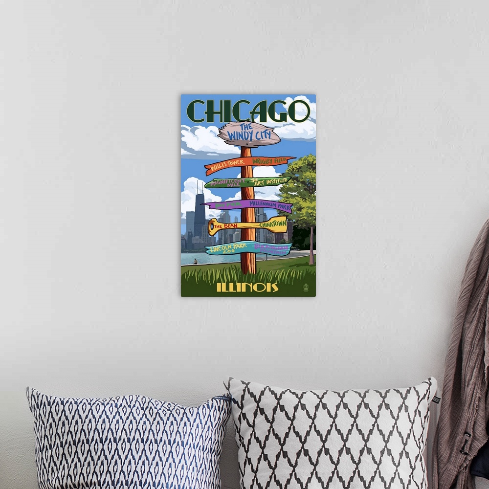A bohemian room featuring Chicago, Illinois - Destination Signpost: Retro Travel Poster