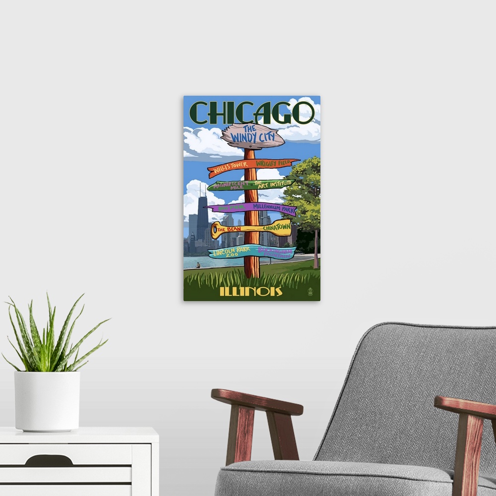 A modern room featuring Chicago, Illinois - Destination Signpost: Retro Travel Poster
